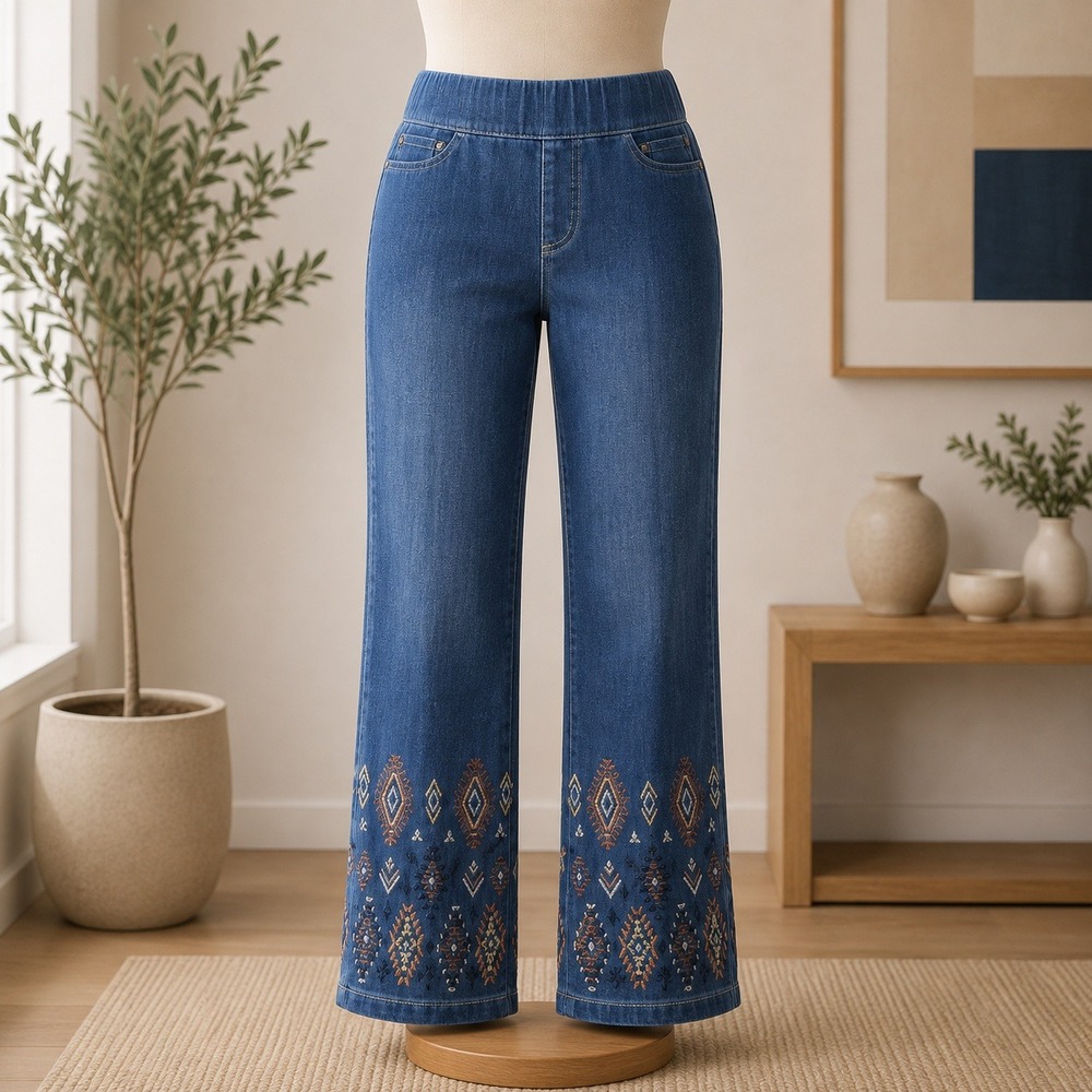 Belle by Kim Gravel Jeans Womens 10 Blue Embroidered Straight Leg Pull On Boho